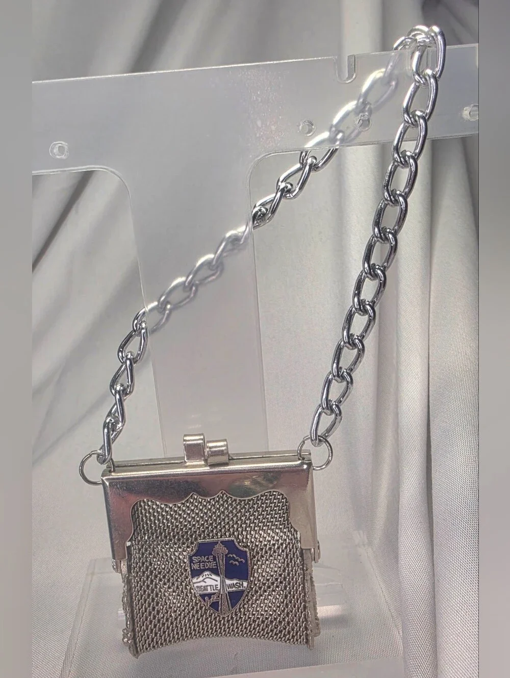 Vintage Seattle Space Needle Silver Mesh Pocket Purse with Chain
